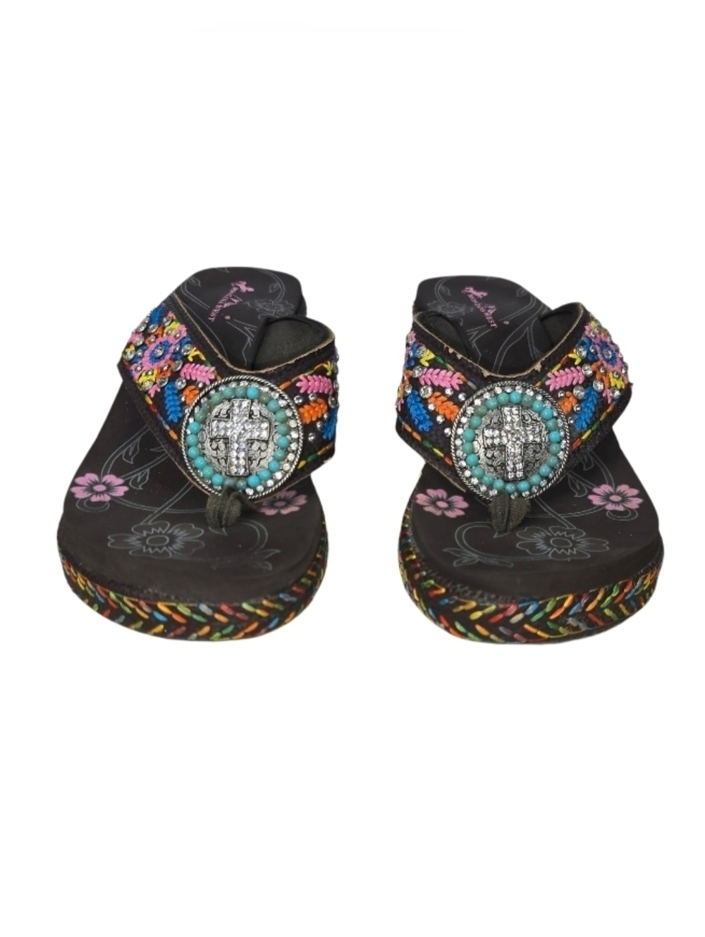 MontanaWest Embroidered Ringstones Wedge Platform Flip Flop Sandals 10 Western - Picture 2 of 12